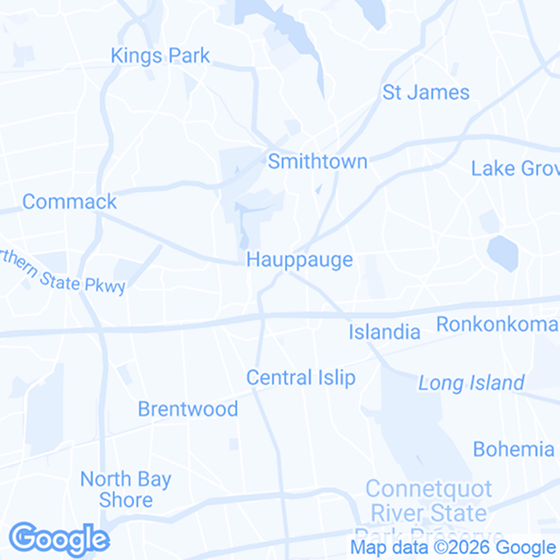 Map of Smithtown, Hauppauge, Central Islip, and surrounding Long Island areas