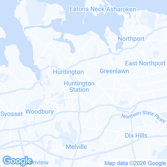Google map showing Huntington, Huntington Station, Northport, Greenlawn, Melville, and surrounding Long Island areas